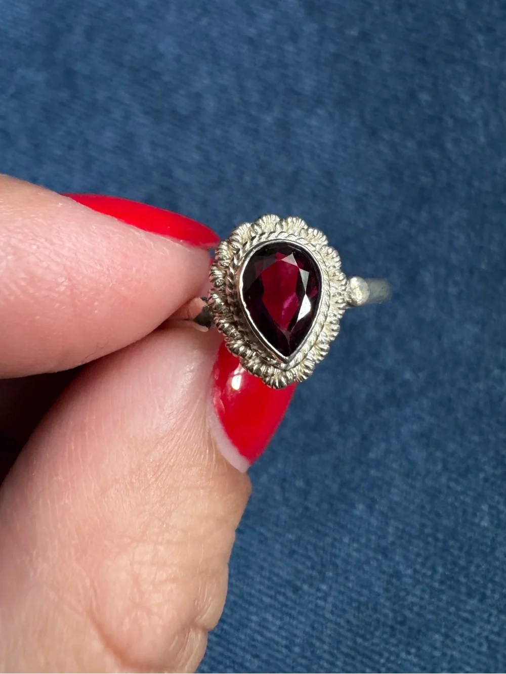 Vintage Red Garnet‎ Teardrop Ring 925 Sterling Silver Handmade Ring Size 7